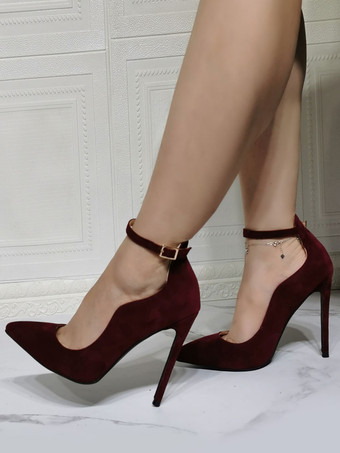 女性サンダルスティレットヒールマイクロスエードアッパーパンプスブラックアンクルストラップヒール