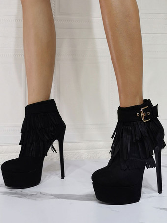 女性ラウンドトゥスティレットヒールマイクロスエードアッパースリップオンブラックアンクルブーツ