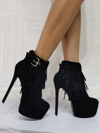 女性ラウンドトゥスティレットヒールマイクロスエードアッパースリップオンブラックアンクルブーツ