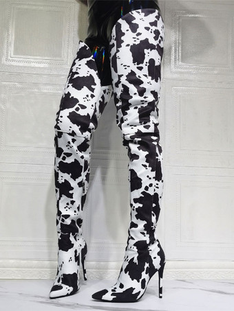 レディース カウ プリント サイハイヒール ブーツ