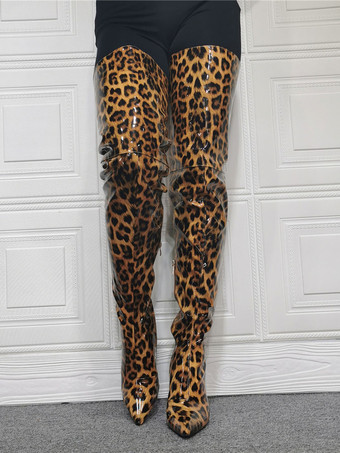 パテントレザーの女性用サイハイヒールブーツ