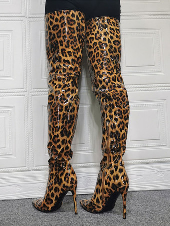 パテントレザーの女性用サイハイヒールブーツ