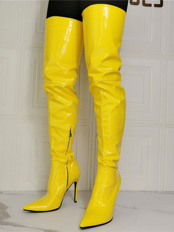 女性プラスサイズのスチレットヒールオーバーニーブーツパテントPUアッパーイエローサイハイブーツ