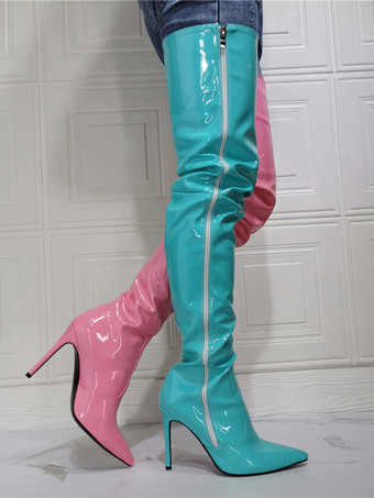 Zweifarbige Overknee-High-Heel-Stiefel für Damen aus Lackleder