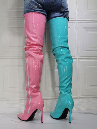 Zweifarbige Overknee-High-Heel-Stiefel für Damen aus Lackleder