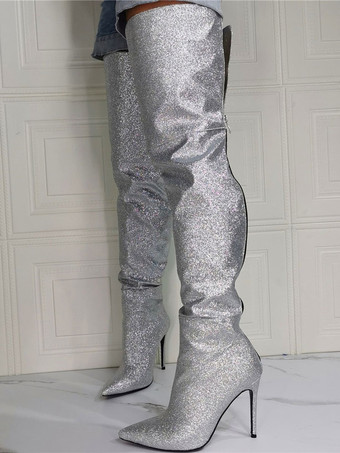 ニーブーツプラスサイズの女性スティレットヒールスパンコールクロスサイハイブーツ