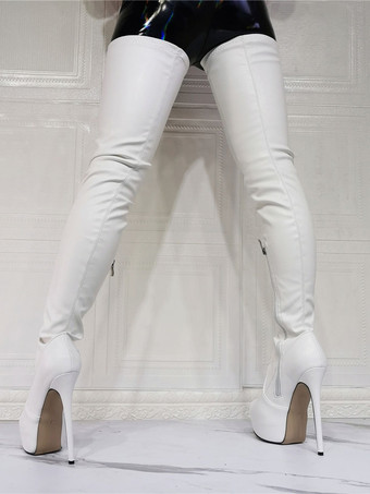 女性用プラットフォーム スティレット ヒール サイ ハイヒール ブーツ レッド パテント ブライト レザー