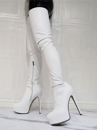 女性用プラットフォーム スティレット ヒール サイ ハイヒール ブーツ レッド パテント ブライト レザー