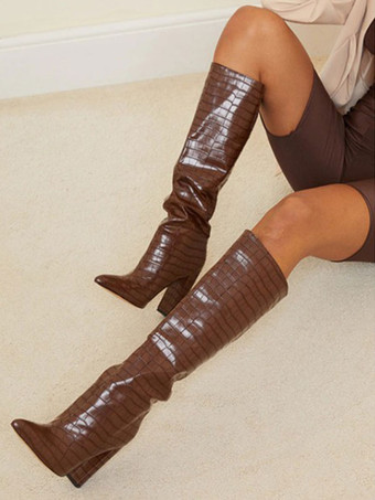 ブラウン レディース ストーングレイン チャンキーヒール ニーハイブーツ ワイドカーフ