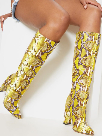 Women's Python Chunky Heel Knee-High Boots in Yellow - Milanoo.com
