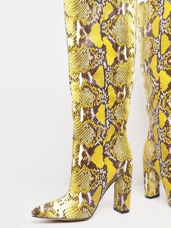 女性のブーツ先のとがったつま先チャンキーヒールイエローPUレザーニーハイブーツ