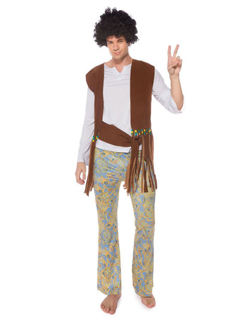 男性レトロコスプレヴィンテージセットコーヒーブラウンヒッピーポリエステルフローラルプリント長袖レトロコスチュームフルセット