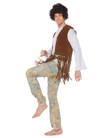 男性レトロコスプレヴィンテージセットコーヒーブラウンヒッピーポリエステルフローラルプリント長袖レトロコスチュームフルセット