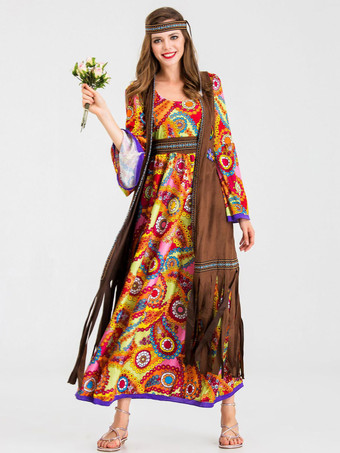 レトロコスチュームオレンジポリエステルフローラルプリントマリーアントワネットコスチュームチョッキヒッピーチュニック18世紀コスチュームフルセット