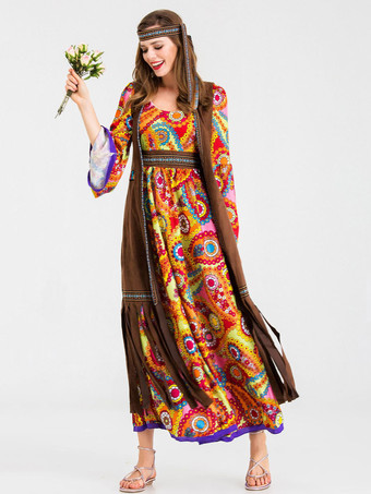 レトロコスチュームオレンジポリエステルフローラルプリントマリーアントワネットコスチュームチョッキヒッピーチュニック18世紀コスチュームフルセット