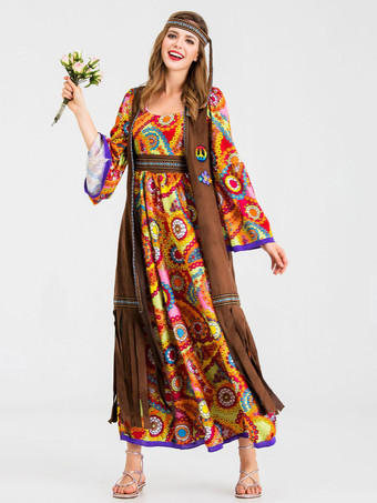 レトロコスチュームオレンジポリエステルフローラルプリントマリーアントワネットコスチュームチョッキヒッピーチュニック18世紀コスチュームフルセット