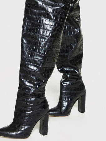 レディース ワイド ストーングレイン チャンキーヒール オーバーサイズ サイハイブーツ