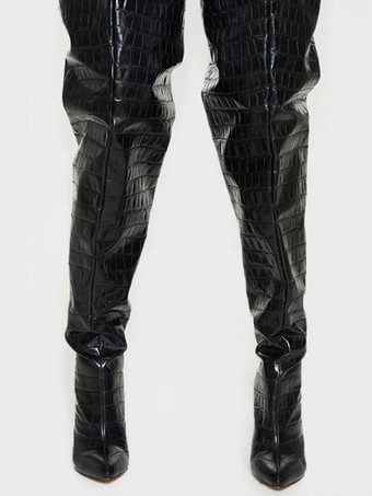 レディース ワイド ストーングレイン チャンキーヒール オーバーサイズ サイハイブーツ