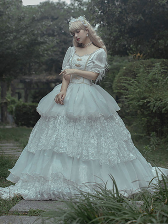 Gothic Lolita OP Dress Ruffles Floral Print Short Sleeves White Lolita One Piece Dresses