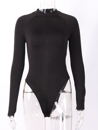 Top in poliestere casual a maniche lunghe con cerniera elasticizzata con collo gioiello elasticizzato da donna