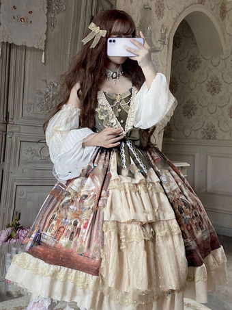 Robe Lolita Classique JSK Vert Marron Manches Longues Volants Dentelle Arcs Lolita