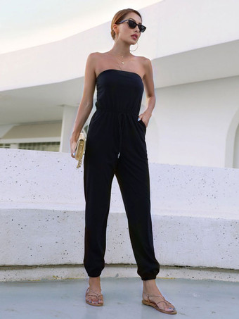 黒のジャンプスーツストラップレスノースリーブオープンショルダーストラップレスポリエステルサマープレイスーツ