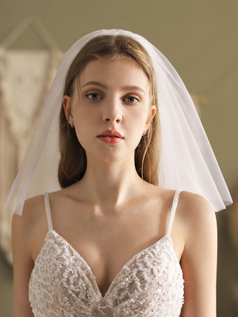 ウェディングベールアイボリー2段チュールカットエッジクラシックブライダルベール