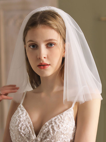ウェディングベールアイボリー2段チュールカットエッジクラシックブライダルベール