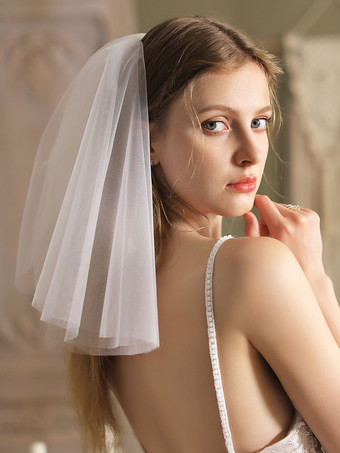 ウェディングベールアイボリー2段チュールカットエッジクラシックブライダルベール
