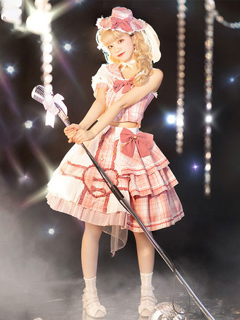アイドル服ロリータOPワンピースノースリーブチェック柄リボンメタルディテールポリエステルピンクロリータワンピース衣装 4セット