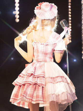アイドル服ロリータOPワンピースノースリーブチェック柄リボンメタルディテールポリエステルピンクロリータワンピース衣装 4セット