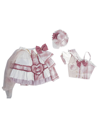 アイドル服ロリータOPワンピースノースリーブチェック柄リボンメタルディテールポリエステルピンクロリータワンピース衣装 4セット