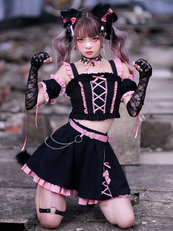 Sweet Lolita Dress 3-Piece Set Polyester Ruffles Bows Sleeveless Polyester Pink Black Sweet Lolita Dress Outfit