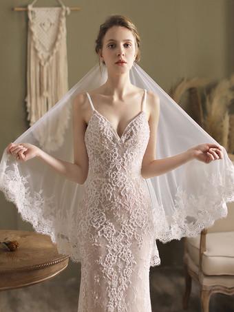 Lace Edge Ivory Appliqued Long Wedding Veils