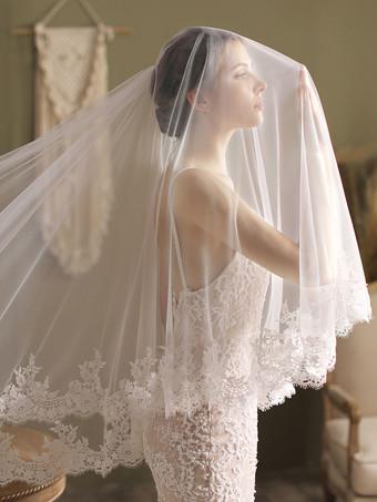 Lace Edge Ivory Appliqued Long Wedding Veils