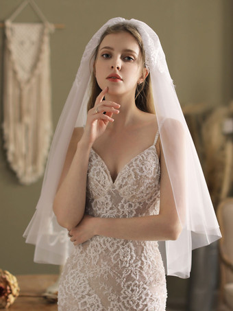 milanoo.com Ivory Wedding Veils Two-Tier Flowers Tulle Cut Edge Classic Bridal Veil