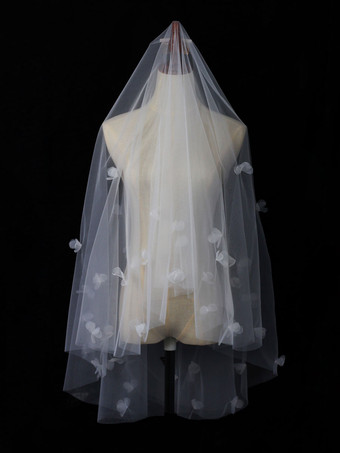 Voiles de mariage ivoire Fleurs à deux niveaux Tulle Bord coupé Voile de mariée classique
