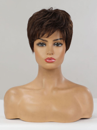 女性のための人間の髪の毛のかつらコーヒーブラウン人間の髪の毛は短い人間の髪の毛のかつらを乱した