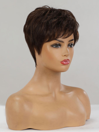 女性のための人間の髪の毛のかつらコーヒーブラウン人間の髪の毛は短い人間の髪の毛のかつらを乱した