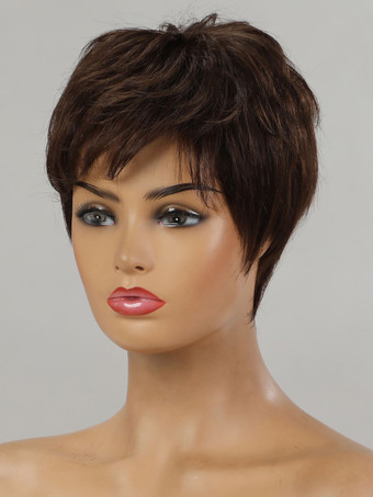 女性のための人間の髪の毛のかつらコーヒーブラウン人間の髪の毛は短い人間の髪の毛のかつらを乱した