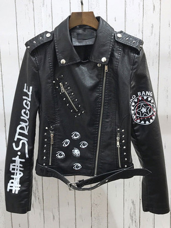 PU レザー オートバイ ジャケット ターンダウン カラー ブラック スプリング アウター