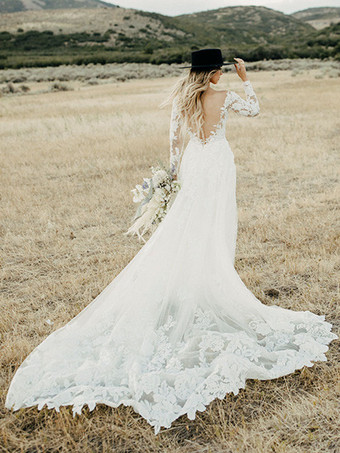 ホワイトレースのウェディングドレスVネック長袖バックレストレインチュールブライダルガウン