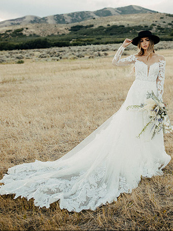 ホワイトレースのウェディングドレスVネック長袖バックレストレインチュールブライダルガウン