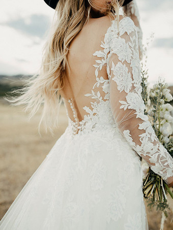 ホワイトレースのウェディングドレスVネック長袖バックレストレインチュールブライダルガウン