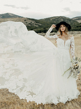 ホワイトレースのウェディングドレスVネック長袖バックレストレインチュールブライダルガウン