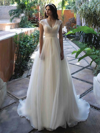White Simple Causal Wedding Dress V-Neck Short Sleeves Lace Chiffon A-Line Bridal Dresses Free Customization