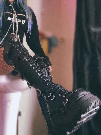 ゴシックロリータブーツ PUレザー メタリックグロメット レースアップ ラウンドトゥ ニーハイロリータフットウェア ブラック