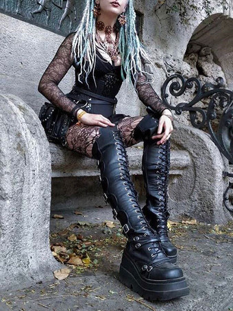 ゴシックロリータブーツ PUレザー メタリックグロメット レースアップ ラウンドトゥ ニーハイロリータフットウェア ブラック