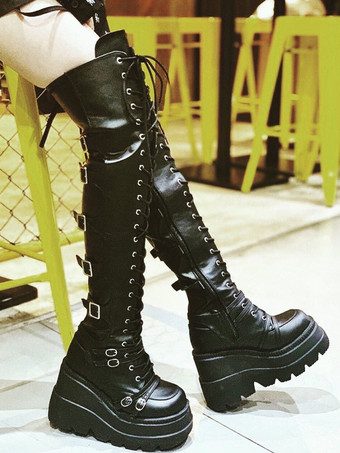 ゴシックロリータブーツ PUレザー メタリックグロメット レースアップ ラウンドトゥ ニーハイロリータフットウェア ブラック