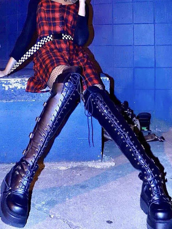 ゴシックロリータブーツ PUレザー メタリックグロメット レースアップ ラウンドトゥ ニーハイロリータフットウェア ブラック